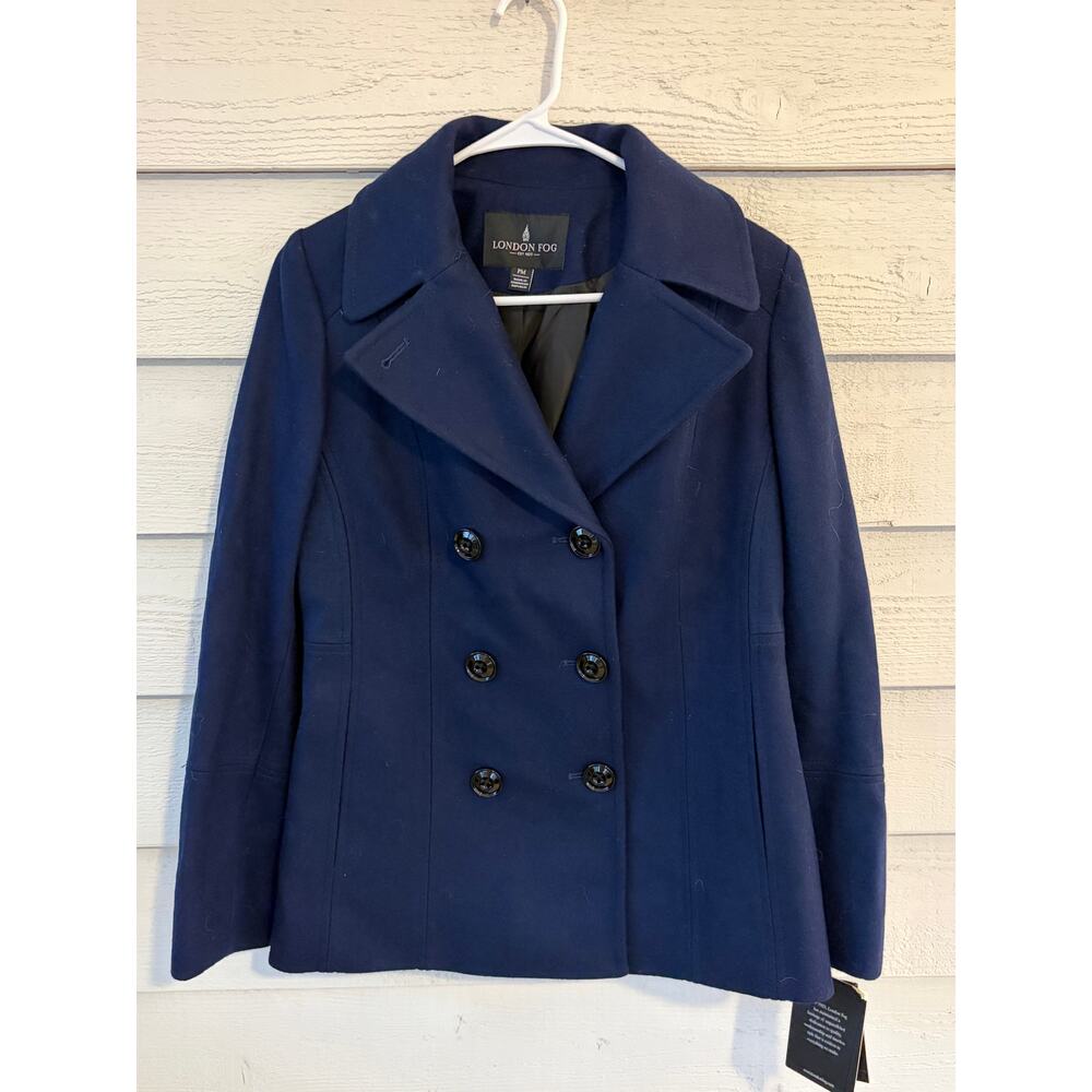 London Fog Sapphire Wool Blend Peacoat w/ Scarf NWT Petite Medium Classic Coat - Picture 2 of 5